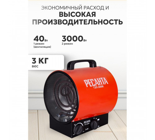 Пушка тепловая электрическая 3 кВт Ресанта ТЭП-3000К прямого нагрева (67/1/8) Пушка тепловая электрическая 3 кВт Ресанта ТЭП-3000К прямого нагрева (67/1/8)