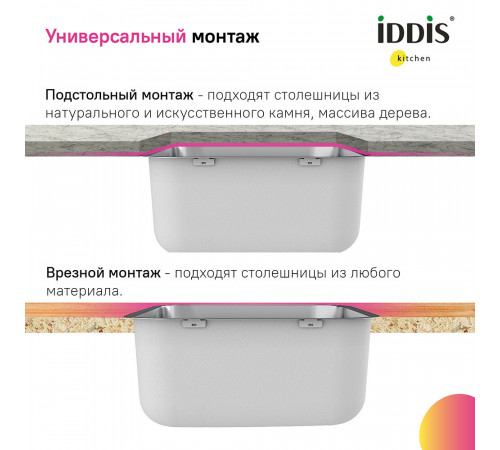 Мойка для кухни Iddis Mate 44,6х44,6х18 см врезная с сифоном сталь (MAT44S0i77)