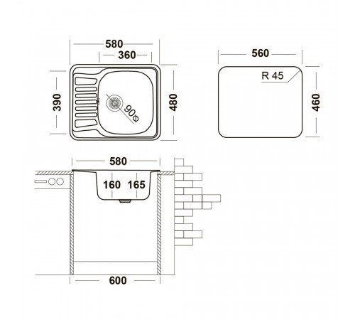 Мойка для кухни Ukinox Nord 58х48х16 см врезная с крылом сталь (Nr 580х480 (0,6) R, G) Мойка для кухни Ukinox Nord 58х48х16 см врезная с крылом сталь (Nr 580х480 (0,6) R, G)