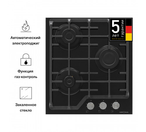 Варочная панель газовая Krona Galileo 45 3 конфорки черная Варочная панель газовая Krona Galileo 45 3 конфорки черная