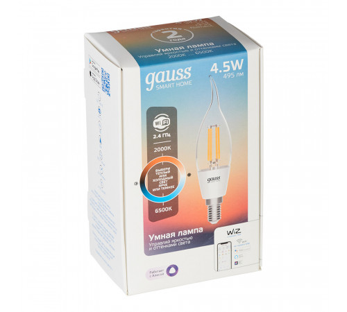 Лампа умная Gauss Smart Home филаментная диммируемая E14 4,5 Вт теплый/холодный 2000-6500 К IP00 свеча на ветру Лампа умная Gauss Smart Home филаментная диммируемая E14 4,5 Вт теплый/холодный 2000-6500 К IP00 свеча на ветру
