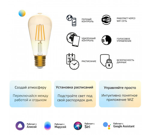 Лампа умная Gauss Smart Home филаментная диммируемая E27 6,5 Вт теплый/холодный 2000-5500 К IP00 ретро Лампа умная Gauss Smart Home филаментная диммируемая E27 6,5 Вт теплый/холодный 2000-5500 К IP00 ретро