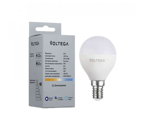 Лампа умная Voltega Wi-Fi bulbs светодиодная E14 5 Вт теплый/холодный 2700-6500 К IP20 шар Лампа умная Voltega Wi-Fi bulbs светодиодная E14 5 Вт теплый/холодный 2700-6500 К IP20 шар