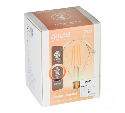Лампа умная Gauss Smart Home филаментная диммируемая E27 7 Вт теплый/холодный 2000-2700 К IP00 кристалл Лампа умная Gauss Smart Home филаментная диммируемая E27 7 Вт теплый/холодный 2000-2700 К IP00 кристалл