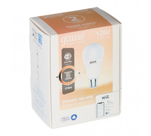 Лампа умная Gauss Smart Home светодиодная диммируемая E27 10 Вт теплый 2700 К IP20 груша Лампа умная Gauss Smart Home светодиодная диммируемая E27 10 Вт теплый 2700 К IP20 груша