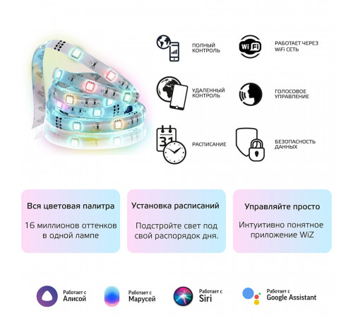 Лента светодиодная умная Gauss Smart Home комплект 12 Вт RGB 3000-6000 К IP20 3 м Лента светодиодная умная Gauss Smart Home комплект 12 Вт RGB 3000-6000 К IP20 3 м