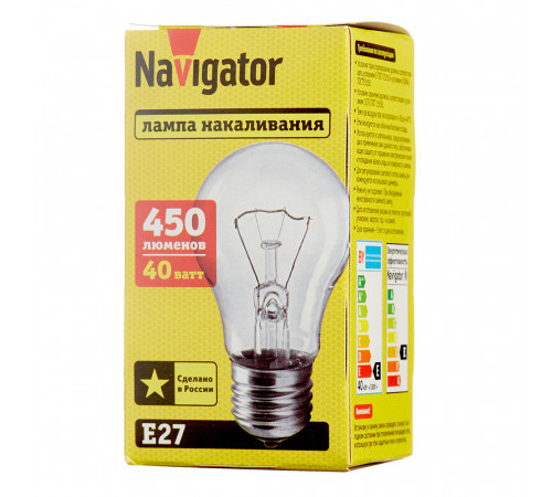 Лампа накаливания Navigator E27 3000К 40 Вт 415 Лм 230 В груша прозрачная Лампа накаливания Navigator E27 3000К 40 Вт 415 Лм 230 В груша прозрачная