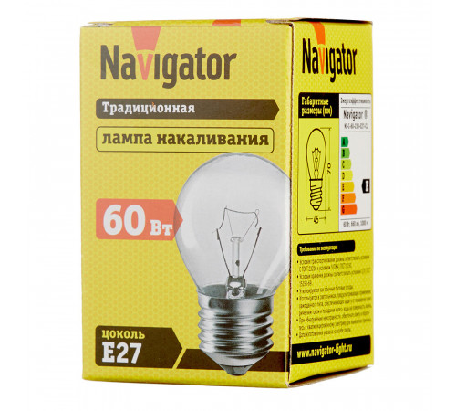 Лампа накаливания Navigator E27 3000К 60 Вт 660 Лм 230 В шар прозрачная Лампа накаливания Navigator E27 3000К 60 Вт 660 Лм 230 В шар прозрачная