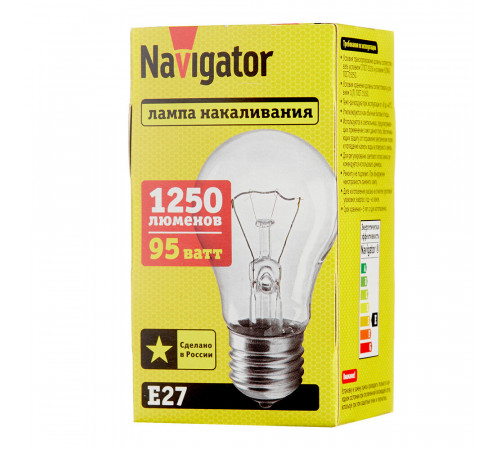 Лампа накаливания Navigator E27 3000К 95 Вт 1250 Лм 230 В груша прозрачная Лампа накаливания Navigator E27 3000К 95 Вт 1250 Лм 230 В груша прозрачная