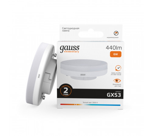 Лампа светодиодная Gauss Elementary GX53 3000К 6 Вт 440 Лм 180-240 В таблетка матовая Лампа светодиодная Gauss Elementary GX53 3000К 6 Вт 440 Лм 180-240 В таблетка матовая