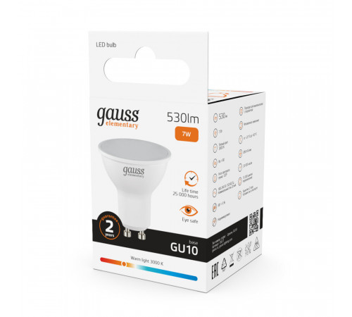 Лампа светодиодная Gauss GU10 3000К 7 Вт 530 Лм 180-240 В софит матовая Лампа светодиодная Gauss GU10 3000К 7 Вт 530 Лм 180-240 В софит матовая