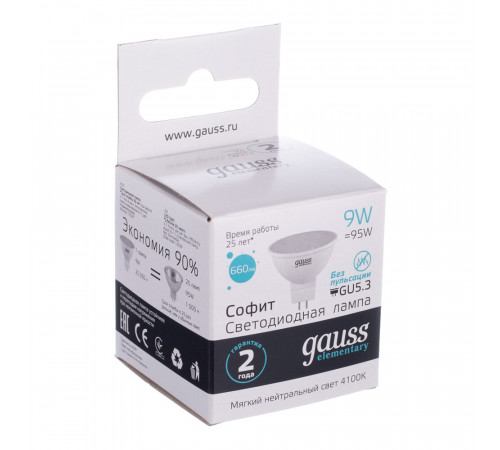 Лампа светодиодная Gauss GU5.3 4100К 9 Вт 660 Лм 180-240 В рефлектор MR16 матовая Лампа светодиодная Gauss GU5.3 4100К 9 Вт 660 Лм 180-240 В рефлектор MR16 матовая