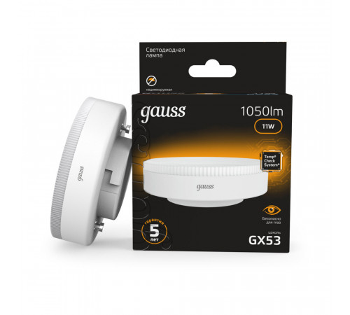 Лампа светодиодная Gauss GX53 3000К 11 Вт 1050 Лм 150-265 В таблетка матовая Лампа светодиодная Gauss GX53 3000К 11 Вт 1050 Лм 150-265 В таблетка матовая