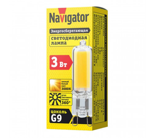 Лампа светодиодная Navigator G9 3 Вт 3000К теплый свет 220 В капсула заостренная (614892/61489) Лампа светодиодная Navigator G9 3 Вт 3000К теплый свет 220 В капсула заостренная (614892/61489)