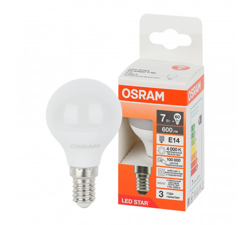 Лампа светодиодная Osram Е14 4000К 7 Вт 600 Лм 230 В шар матовая Лампа светодиодная Osram Е14 4000К 7 Вт 600 Лм 230 В шар матовая