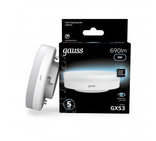 Лампа светодиодная Gauss GX53 4100К 8 Вт 690 Лм 150-265 В таблетка матовая Лампа светодиодная Gauss GX53 4100К 8 Вт 690 Лм 150-265 В таблетка матовая