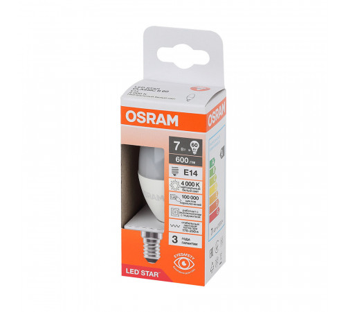 Лампа светодиодная Osram Е14 4000К 7 Вт 600 Лм 230 В свеча матовая Лампа светодиодная Osram Е14 4000К 7 Вт 600 Лм 230 В свеча матовая