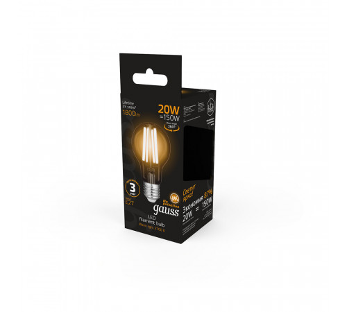 Лампа светодиодная филаментная Gauss Filament E27 2700К 20 Вт 1800 Лм 185-265 В груша A60 прозрачная Лампа светодиодная филаментная Gauss Filament E27 2700К 20 Вт 1800 Лм 185-265 В груша A60 прозрачная