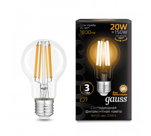Лампа светодиодная филаментная Gauss Filament E27 2700К 20 Вт 1800 Лм 185-265 В груша A60 прозрачная Лампа светодиодная филаментная Gauss Filament E27 2700К 20 Вт 1800 Лм 185-265 В груша A60 прозрачная