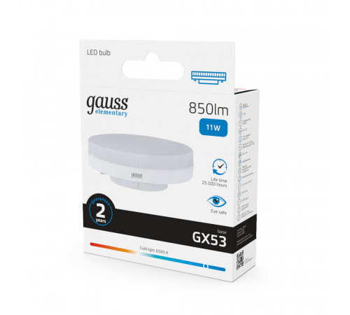Лампа светодиодная Gauss Elementary GX53 6500К 11 Вт 850 Лм 180-240 В таблетка матовая Лампа светодиодная Gauss Elementary GX53 6500К 11 Вт 850 Лм 180-240 В таблетка матовая
