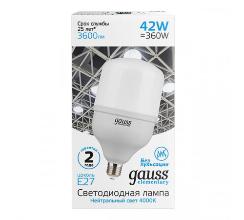 Лампа светодиодная Gauss E27 4000К 40 Вт 3600 Лм 180-240 В цилиндр T120 матовая Лампа светодиодная Gauss E27 4000К 40 Вт 3600 Лм 180-240 В цилиндр T120 матовая