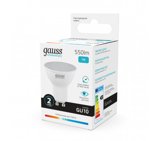 Лампа светодиодная Gauss GU10 4100К 7 Вт 550 Лм 180-240 В софит матовая Лампа светодиодная Gauss GU10 4100К 7 Вт 550 Лм 180-240 В софит матовая