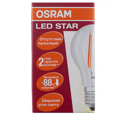 Лампа светодиодная филаментная Osram E27 2700К 5 Вт 600 Лм 220-230 В груша A60 прозрачная