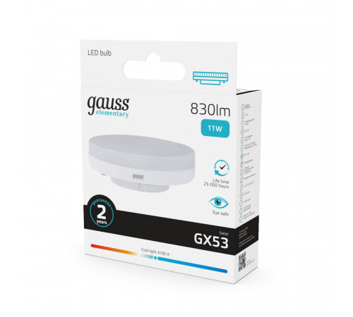 Лампа светодиодная Gauss Elementary GX53 4100К 11 Вт 830 Лм 180-240 В таблетка матовая Лампа светодиодная Gauss Elementary GX53 4100К 11 Вт 830 Лм 180-240 В таблетка матовая