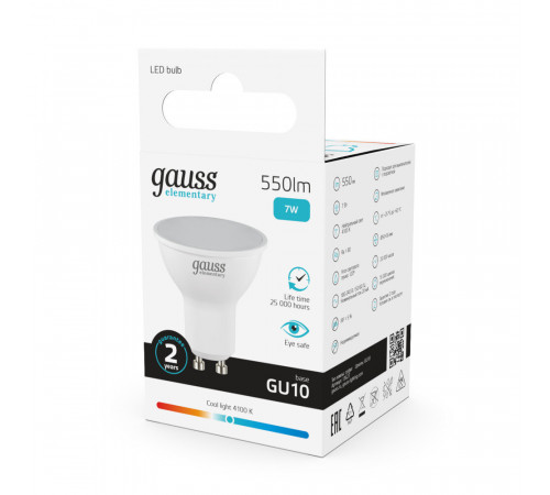 Лампа светодиодная Gauss GU10 4100К 7 Вт 550 Лм 180-240 В софит матовая Лампа светодиодная Gauss GU10 4100К 7 Вт 550 Лм 180-240 В софит матовая