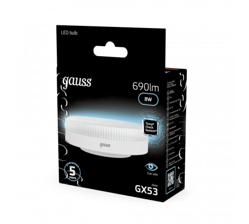 Лампа светодиодная Gauss GX53 4100К 8 Вт 690 Лм 150-265 В таблетка матовая Лампа светодиодная Gauss GX53 4100К 8 Вт 690 Лм 150-265 В таблетка матовая