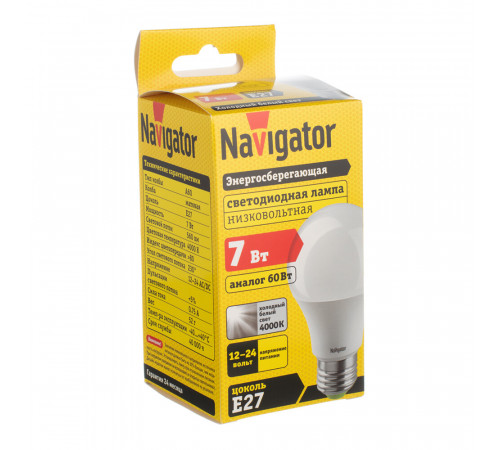 Лампа светодиодная Navigator E27 4000К 7 Вт 560 Лм 12-24 В груша A60 матовая