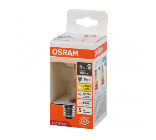 Лампа светодиодная филаментная Osram E27 2700К 5 Вт 600 Лм 220-230 В груша A60 прозрачная