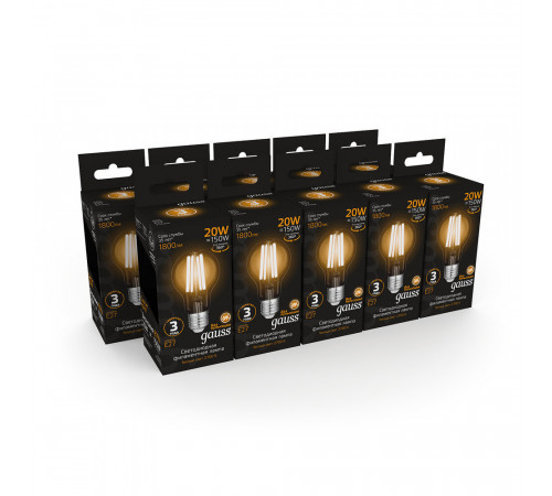 Лампа светодиодная филаментная Gauss Filament E27 2700К 20 Вт 1800 Лм 185-265 В груша A60 прозрачная Лампа светодиодная филаментная Gauss Filament E27 2700К 20 Вт 1800 Лм 185-265 В груша A60 прозрачная