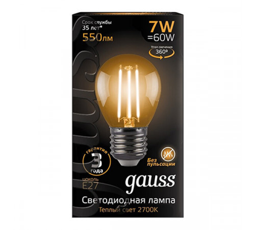Лампа светодиодная филаментная Gauss E27 2700К 7 Вт 550 Лм 150-265 В шар прозрачная (10 шт.) Лампа светодиодная филаментная Gauss E27 2700К 7 Вт 550 Лм 150-265 В шар прозрачная (10 шт.)
