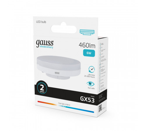 Лампа светодиодная Gauss Elementary GX53 4100К 6 Вт 460 Лм 180-240 В таблетка матовая Лампа светодиодная Gauss Elementary GX53 4100К 6 Вт 460 Лм 180-240 В таблетка матовая