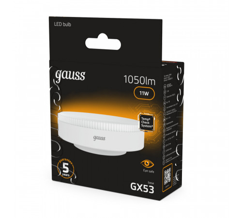 Лампа светодиодная Gauss GX53 3000К 11 Вт 1050 Лм 150-265 В таблетка матовая Лампа светодиодная Gauss GX53 3000К 11 Вт 1050 Лм 150-265 В таблетка матовая