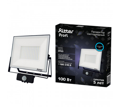 Прожектор светодиодный Ritter Profi 6500К 100 Вт IP65 с датчиком движения черный Прожектор светодиодный Ritter Profi 6500К 100 Вт IP65 с датчиком движения черный