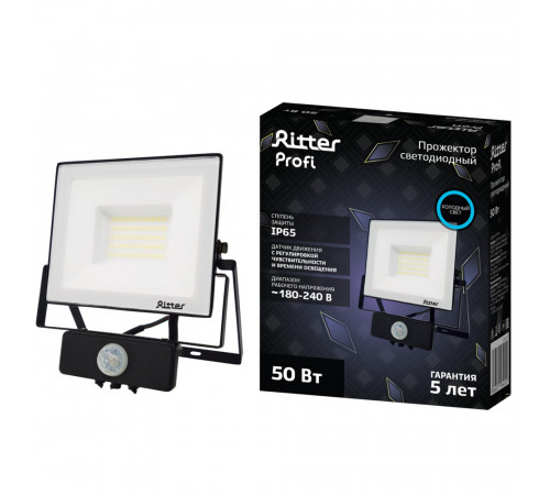 Прожектор светодиодный Ritter Profi 6500К 50 Вт IP65 с датчиком движения черный Прожектор светодиодный Ritter Profi 6500К 50 Вт IP65 с датчиком движения черный