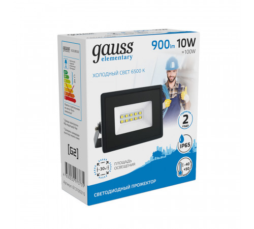 Прожектор светодиодный Gauss Elementary ДО-10 6500К 10 Вт IP65 черный Прожектор светодиодный Gauss Elementary ДО-10 6500К 10 Вт IP65 черный