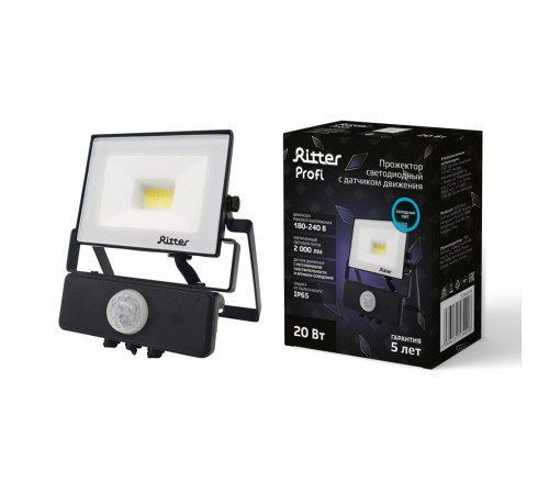 Прожектор светодиодный Ritter Profi 6500К 20 Вт IP65 с датчиком движения черный Прожектор светодиодный Ritter Profi 6500К 20 Вт IP65 с датчиком движения черный