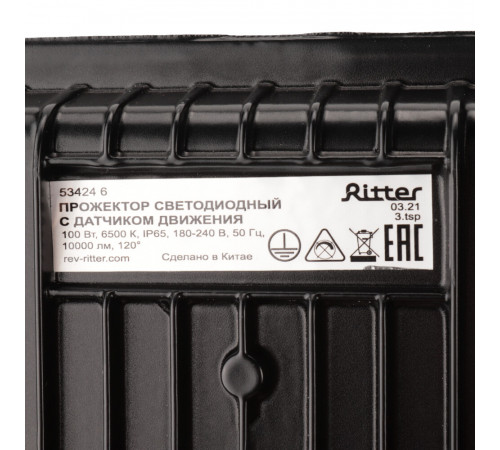 Прожектор светодиодный Ritter Profi 6500К 100 Вт IP65 с датчиком движения черный Прожектор светодиодный Ritter Profi 6500К 100 Вт IP65 с датчиком движения черный