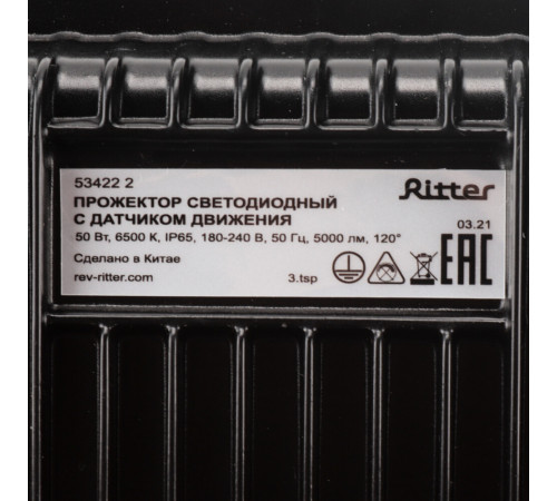 Прожектор светодиодный Ritter Profi 6500К 50 Вт IP65 с датчиком движения черный Прожектор светодиодный Ritter Profi 6500К 50 Вт IP65 с датчиком движения черный