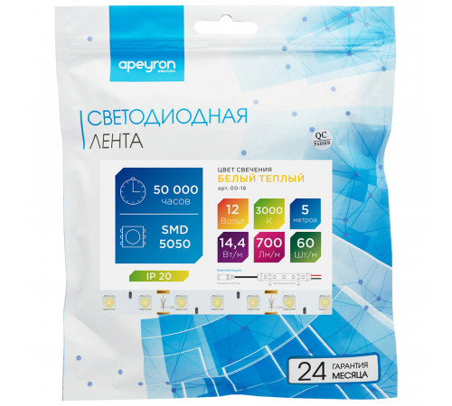 Лента светодиодная SMD 5050 Apeyron (000016) 3000К 14,4 Вт 12 В IP20 5 м Лента светодиодная SMD 5050 Apeyron (000016) 3000К 14,4 Вт 12 В IP20 5 м