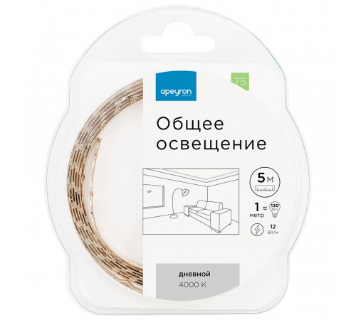 Лента светодиодная SMD 2835 4000К 12 В 12 Вт/м 5 м IP20 Apeyron (75ОО) Лента светодиодная SMD 2835 4000К 12 В 12 Вт/м 5 м IP20 Apeyron (75ОО)