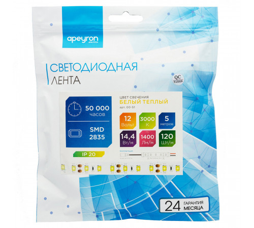 Лента светодиодная SMD 2835 Apeyron (000051) 3000К 72 Вт 12 В IP20 5 м Лента светодиодная SMD 2835 Apeyron (000051) 3000К 72 Вт 12 В IP20 5 м