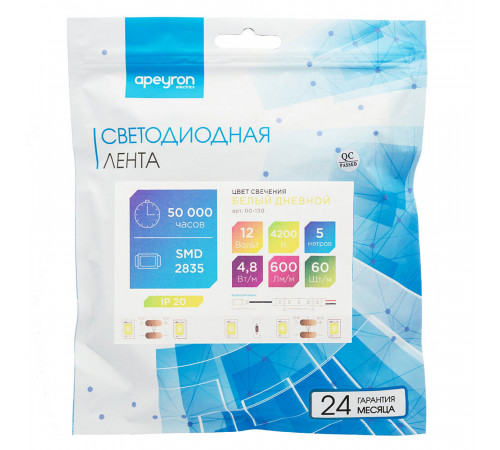 Лента светодиодная SMD 2835 Apeyron (000130) 4000К 48 Вт 12 В IP20 5 м Лента светодиодная SMD 2835 Apeyron (000130) 4000К 48 Вт 12 В IP20 5 м