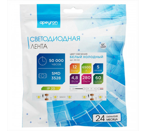 Лента светодиодная SMD 3528 Apeyron (000002) 6000К 24 Вт 12 В IP20 5 м Лента светодиодная SMD 3528 Apeyron (000002) 6000К 24 Вт 12 В IP20 5 м
