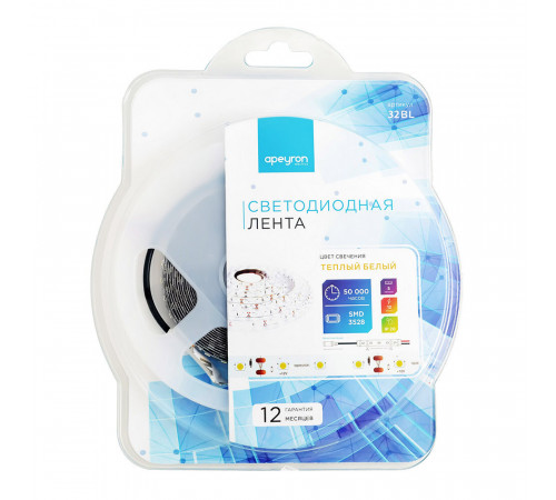 Лента светодиодная SMD 3528 3000К 12 В 9,6 Вт/м 5 м IP20 Apeyron (32BL) Лента светодиодная SMD 3528 3000К 12 В 9,6 Вт/м 5 м IP20 Apeyron (32BL)