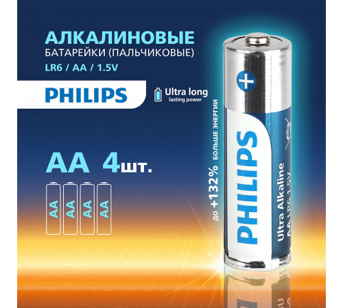 Батарейка Philips Ultra АА пальчиковая LR6 1,5 В (4 шт.) (Б0062694) Батарейка Philips Ultra АА пальчиковая LR6 1,5 В (4 шт.) (Б0062694)