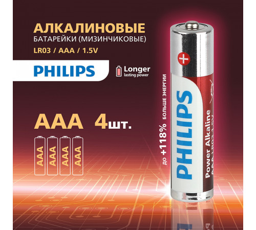 Батарейка Philips Power ААА мизинчиковая LR03 1,5 В (4 шт.) (Б0062736) Батарейка Philips Power ААА мизинчиковая LR03 1,5 В (4 шт.) (Б0062736)